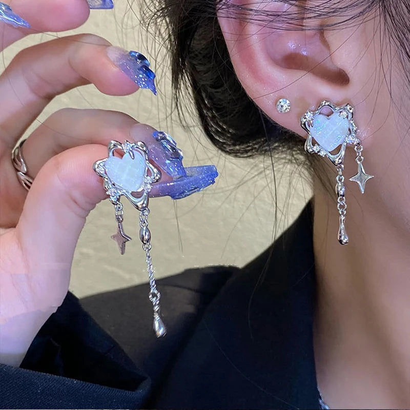 Y2K Pink Heart Star Tassel Earrings for Trendy Kpop Style - Smarsty