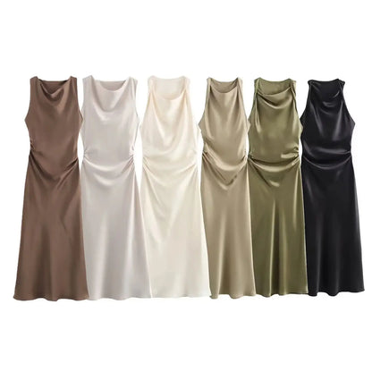 TRAF Satin Long Dresses for Women 2024 Summer Slip Midi Dress Woman Sexy Evening Party Dress Sleeveless Female Elegant Dresses