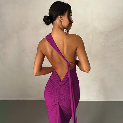 Hugcitar One Shoulder Backless Adjustable Scarf Loop Ruched Sexy Maxi Dress Women Elegant Y2K Streetwear Festival Outfit - Smarsty