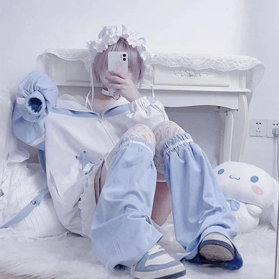 Girls Stitch Woman Clothing Subculture Japanese Hoodie Blue White Autumn Woman Sweatshirts Zipper Winter y2k Clothes Hoodies - Smarsty