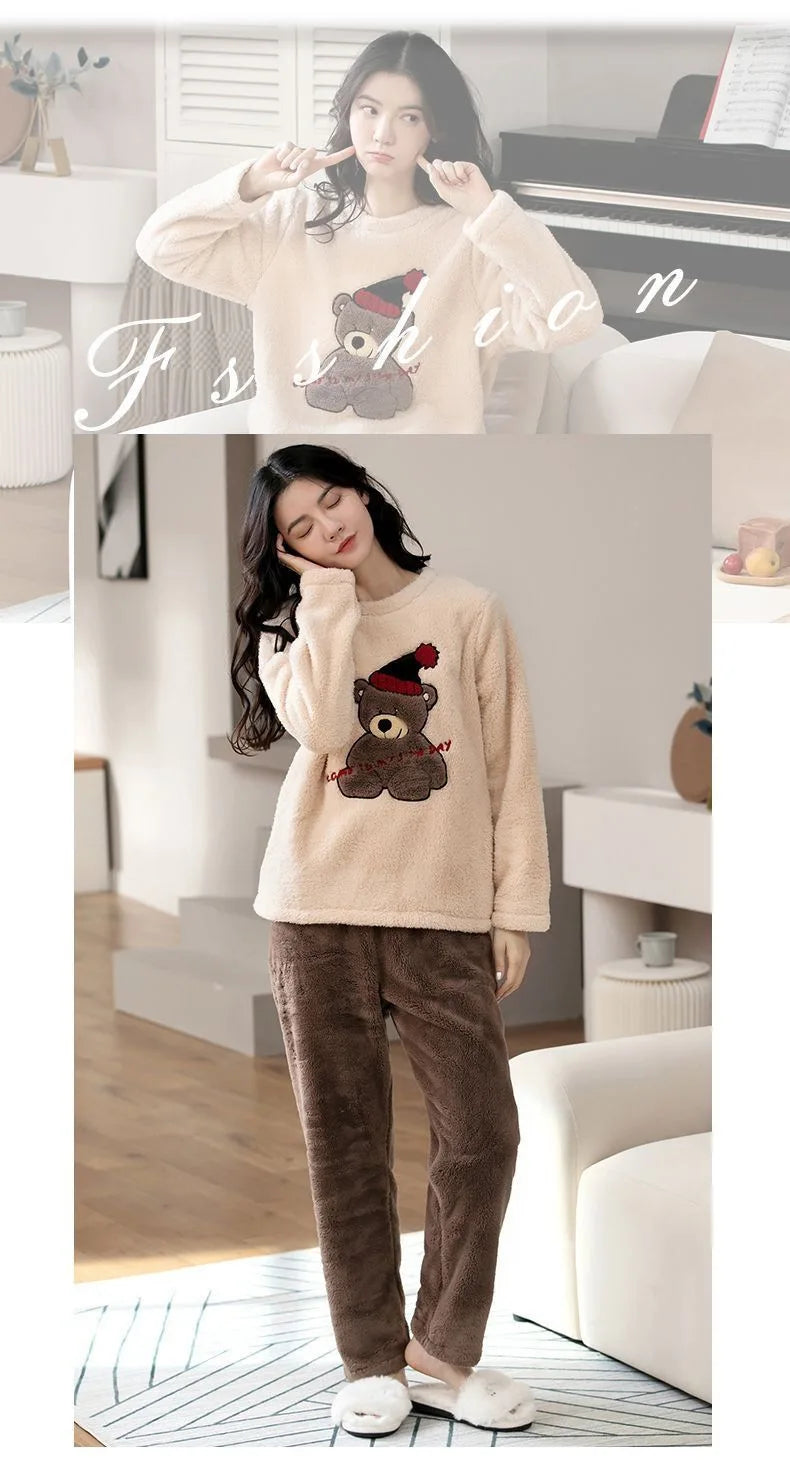2pcs/Set Large Size Padded Thickened Warm Fall And Winter Women's Pajamas Long-Sleeved Long Pants Set Coral Velvet Cartoon Bear - Smarsty