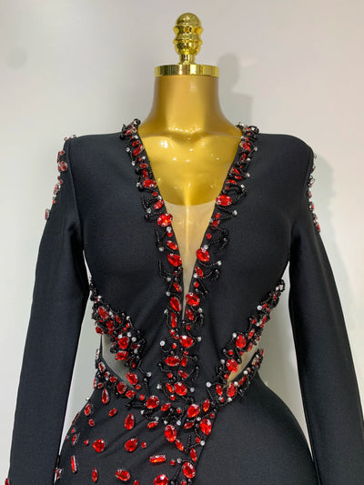 Luxury Birthday Women Celebrity Sexy Long Sleeve V Neck Rhinestone Black Bandage Dress 2025 Elegant Evening Club Party Dresses - Smarsty