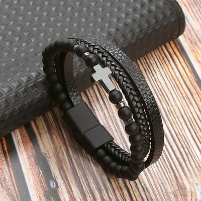 Men Leather Bracelet with Tiger Eye Beads Stylish Gift - Smarsty