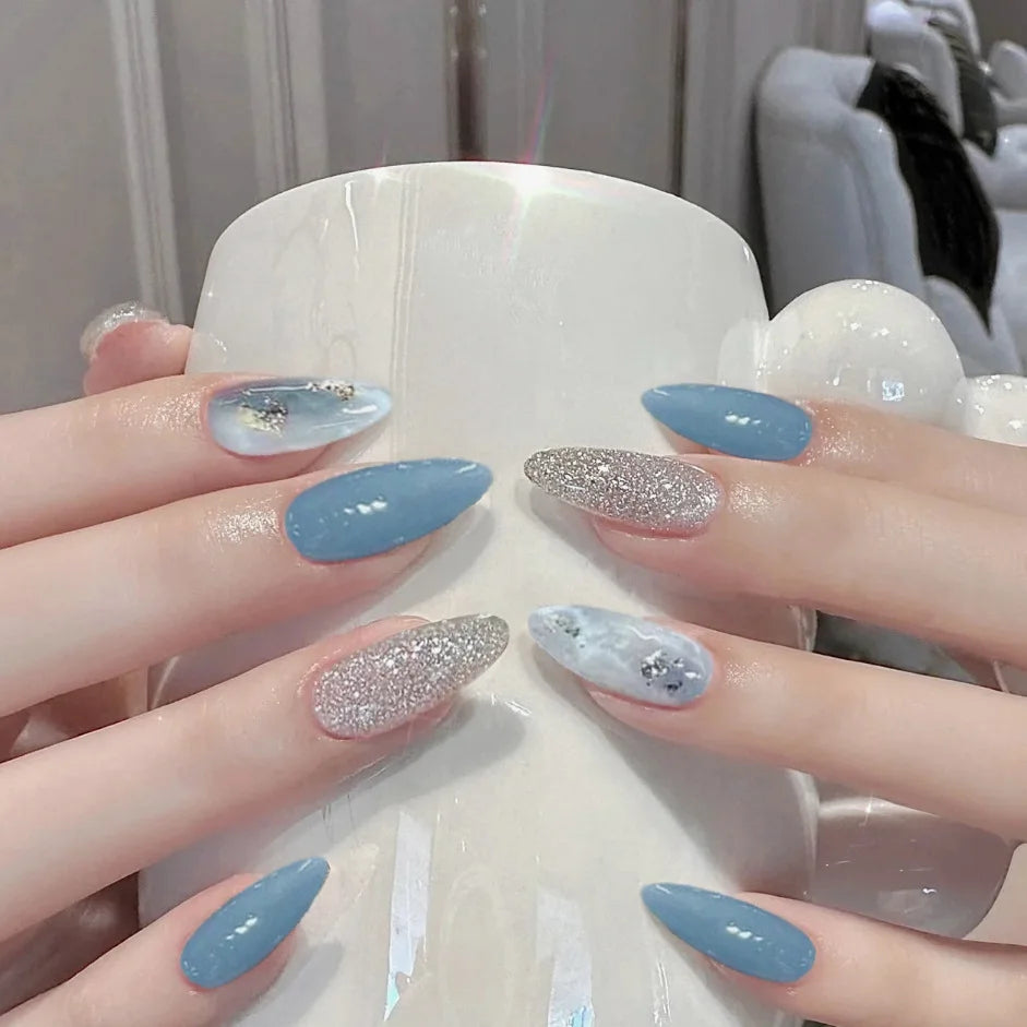 Romantic 24pcs Blue French Style Press On Nails - Smarsty