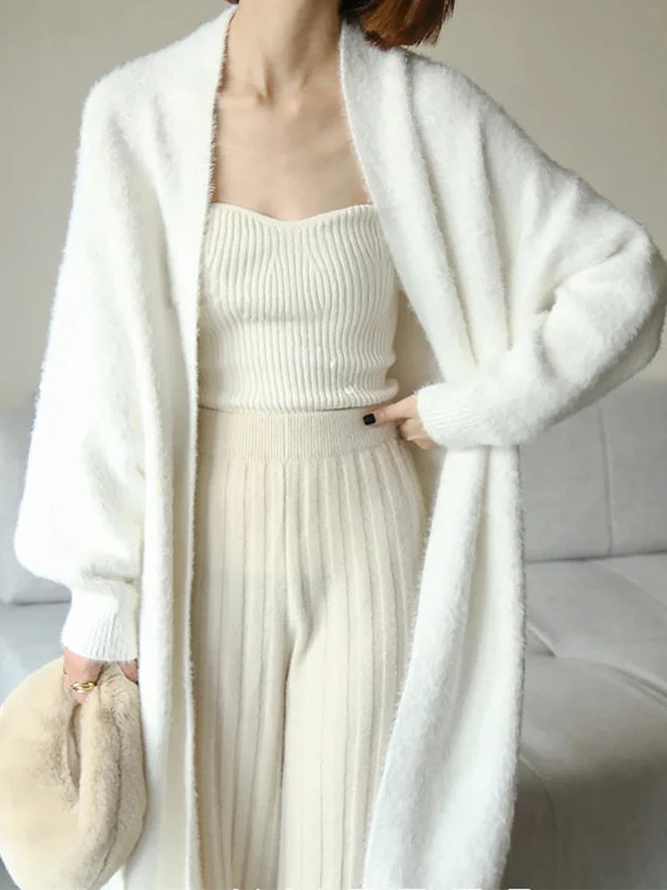 white Long Cardigan for women winter clothes Knitted fluffy long sleeve Cashmere sweater coat clotkorean style warm vintage