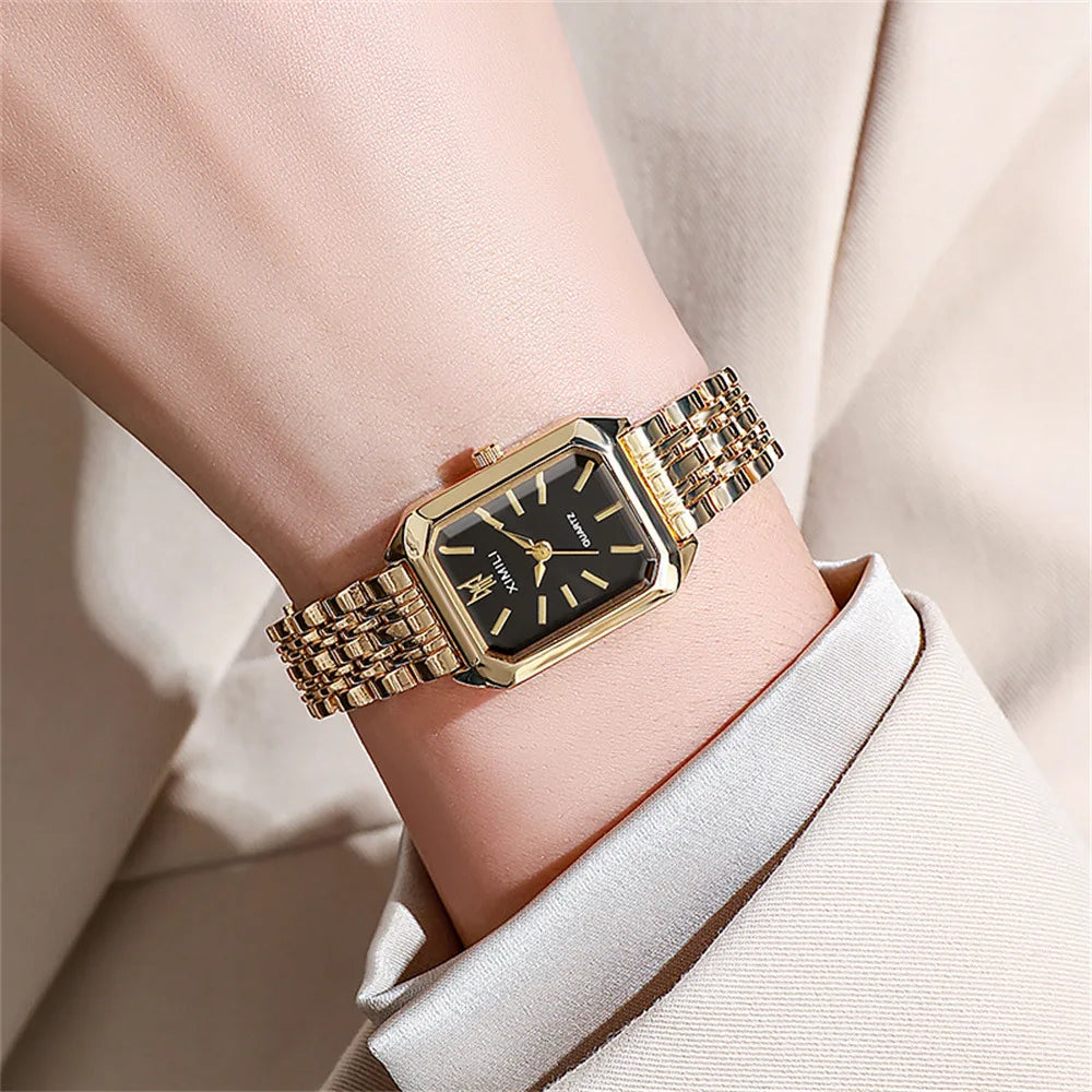 Women's Luxury Square Quartz Watch with Gold Alloy Strap - Smarsty