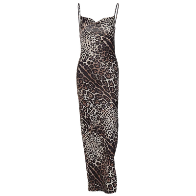 Hugcitar Leopard Print Swing Collar Sleeveless Sexy Maxi Slit Prom Dress Summer Women Fashion Y2K Clothes Party Beach Vacation - Smarsty