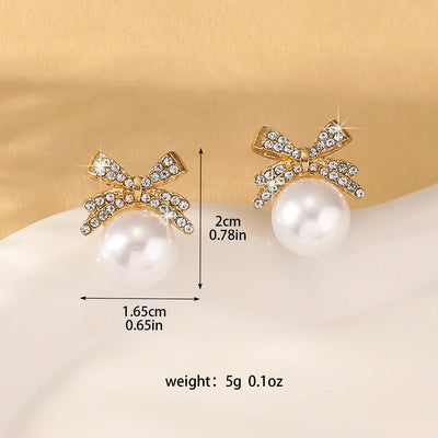 Elegant Pearl Bow Knot Earrings With Diamond Accent - Smarsty