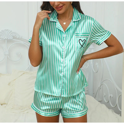 Womens Pajama Set Victoria Style Summer Satin Striped Embroidered Short Sleeve Top Short Pants Two piece Casual Home Clothes Set - Smarsty