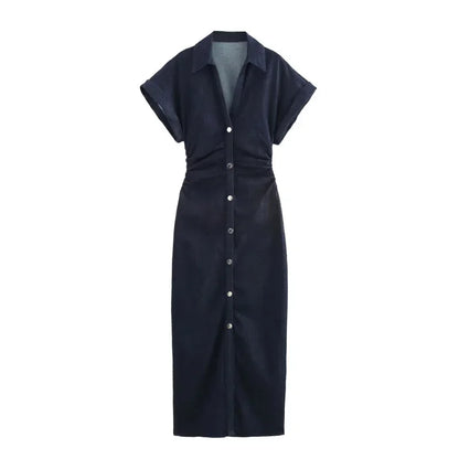 2025 traf Spring New 1975 series denim MIDI dress with lapel side zipper fashion wrinkle waist slim elegant dress - Smarsty