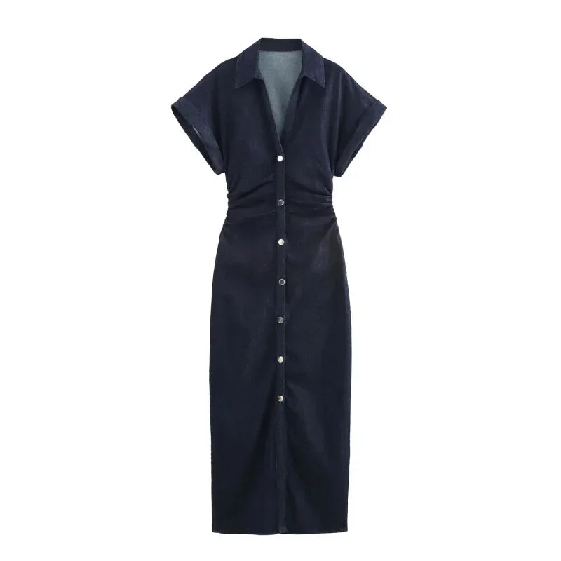 2025 traf Spring New 1975 series denim MIDI dress with lapel side zipper fashion wrinkle waist slim elegant dress - Smarsty