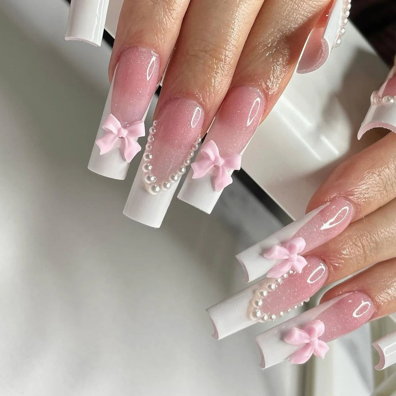 Pink Bowknot Stiletto Press On Nails 24PCS Full Cover - Smarsty