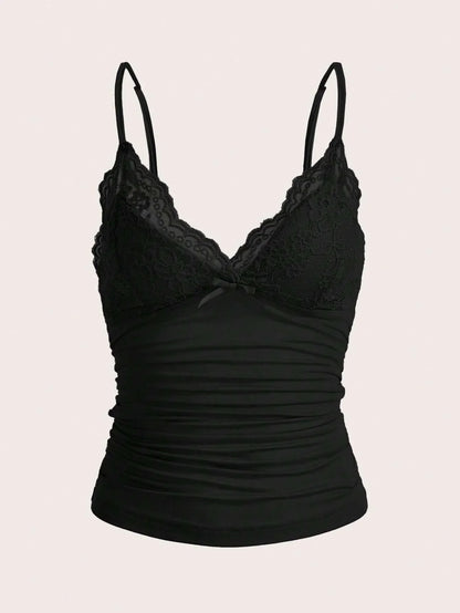 Sexy Contrast Lace Bow Front Crop Cami Top Women 2024 Summer Grunge Punk Y2K Clothes Ruched Skinny Backless Tee Shirt