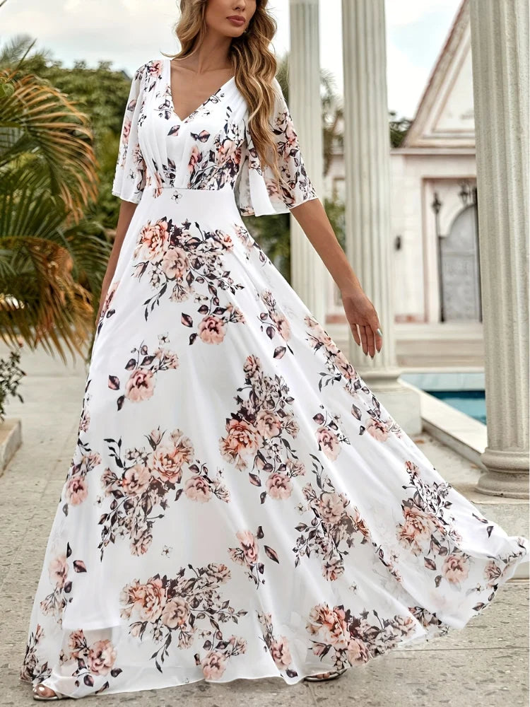 Wefads Women Long Dress Summer Casual Sexy V-Neck Lotus Leaf Sleeves Printed Beach Holiday Dresses - Smarsty