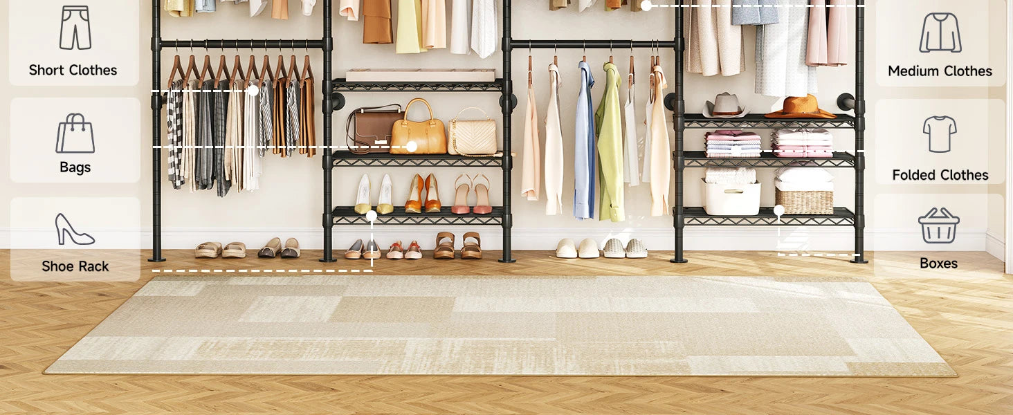 L4 Wall Mounted Industrial Pipe  Clothes Rack, Closet Organizer System with Rods Expandable, Clothing Rack, Corner Garment Rack