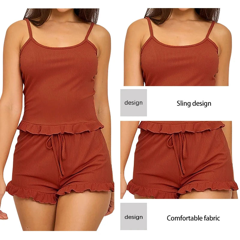 Summer Two-Piece Solid Color Sleepwear Round Neck Sexy Suspender Ribbed Knitted Pleated Vest Shorts Casual Women's Sleepwear Set - Smarsty