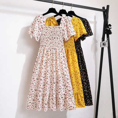 Spring Summer Chiffon Dress Women Midi DressesFemale Short Sleeve Elastic Waist Printed Floral Pleated Backless Casual Dress - Smarsty