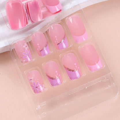 24 Pcs Short Square French Flower Nails Set - Smarsty