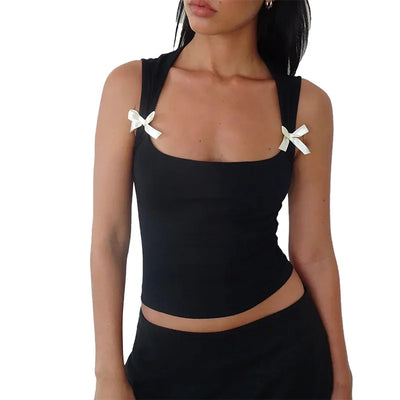 Y2K Women'S Bow Tie-Up Tank Tops Wide Shoulder Straps Bandage Camisole Sexy Low Cut Crop Tops Female Vest Tops - Smarsty
