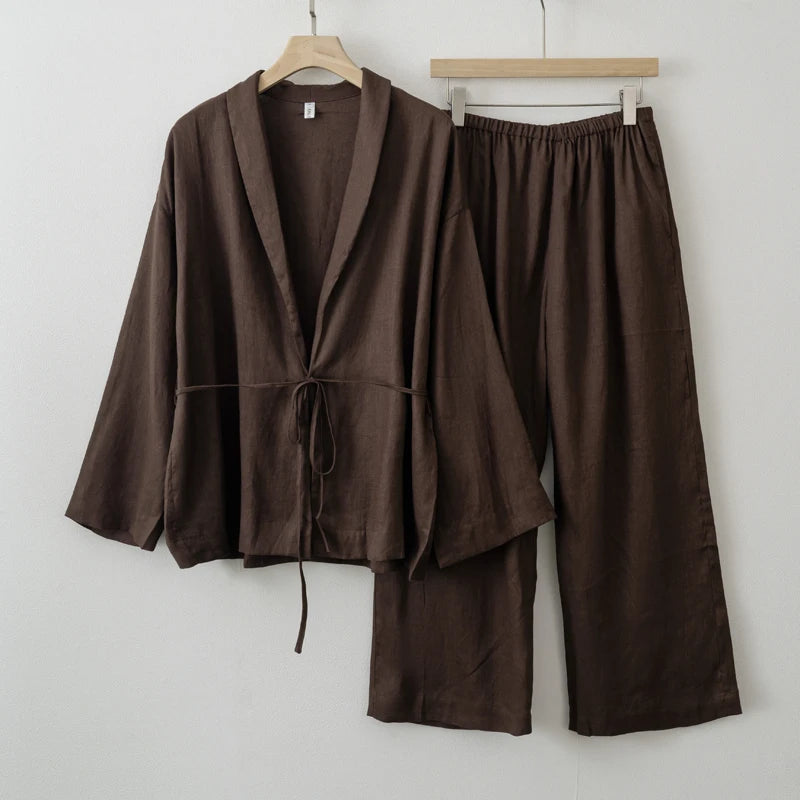 2025 Summer Women Linen Kimono Blouse Pants sets - Smarsty