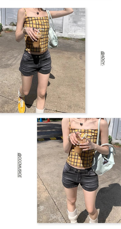 Women's Grey Denim Shorts Low Waist Mini Jeans Shorts 2000s Vintage 90s Y2k Emo Cowboy Short Pants Harajuku Clothes Summer 2024 - Smarsty