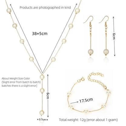 Gold Tone Necklace Earrings Bracelet Set With Tassel Pearls - Smarsty