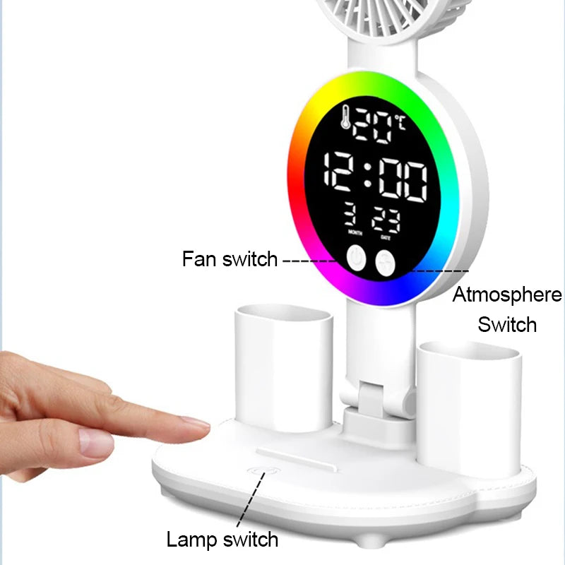 Rechargeable LED Table Lamp with Fan and Clock - Smarsty