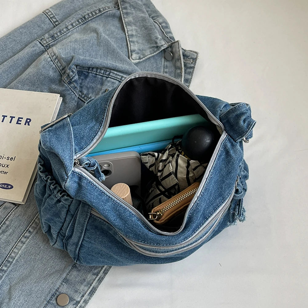 Vintage Denim Shoulder Bag Large Capacity Satchel For Women - Smarsty