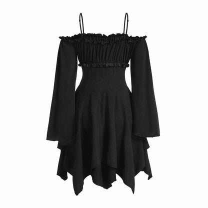 Mia Muse Women's Dresses Autumn Halloween Contrast Color Asymmetrical Hem Flounce Trim Lace Up Long Sleeve Off Shoulder Mini Dre - Smarsty