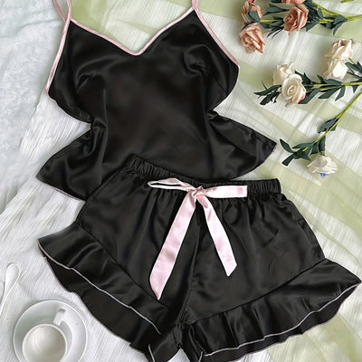 Women's Smooth Satin Pajamas V-Neck T-Shirt Ruffled Edges And Bow Shorts Simple And Breathable Pajama Set Sling Home Clothing - Smarsty