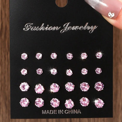12 Pairs Zirconia Stud Earrings Gift Set Luxurious Shiny - Smarsty