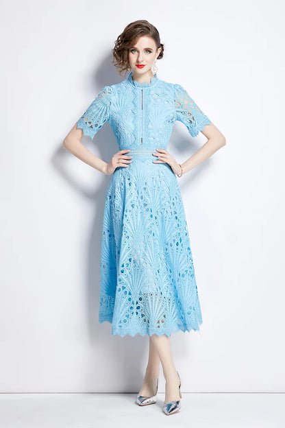 H Han Queen Spring New Elegant Casual Work Party Dresses Floral Crochet Hollow Out Lace Patchwork Casual Office Midi Dress - Smarsty