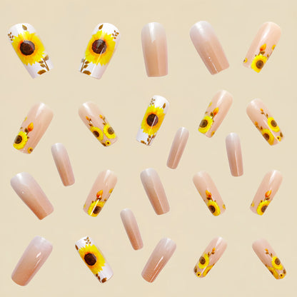 24 Piece Set Medium Long Press On Nails with Peach Flower Design - Smarsty