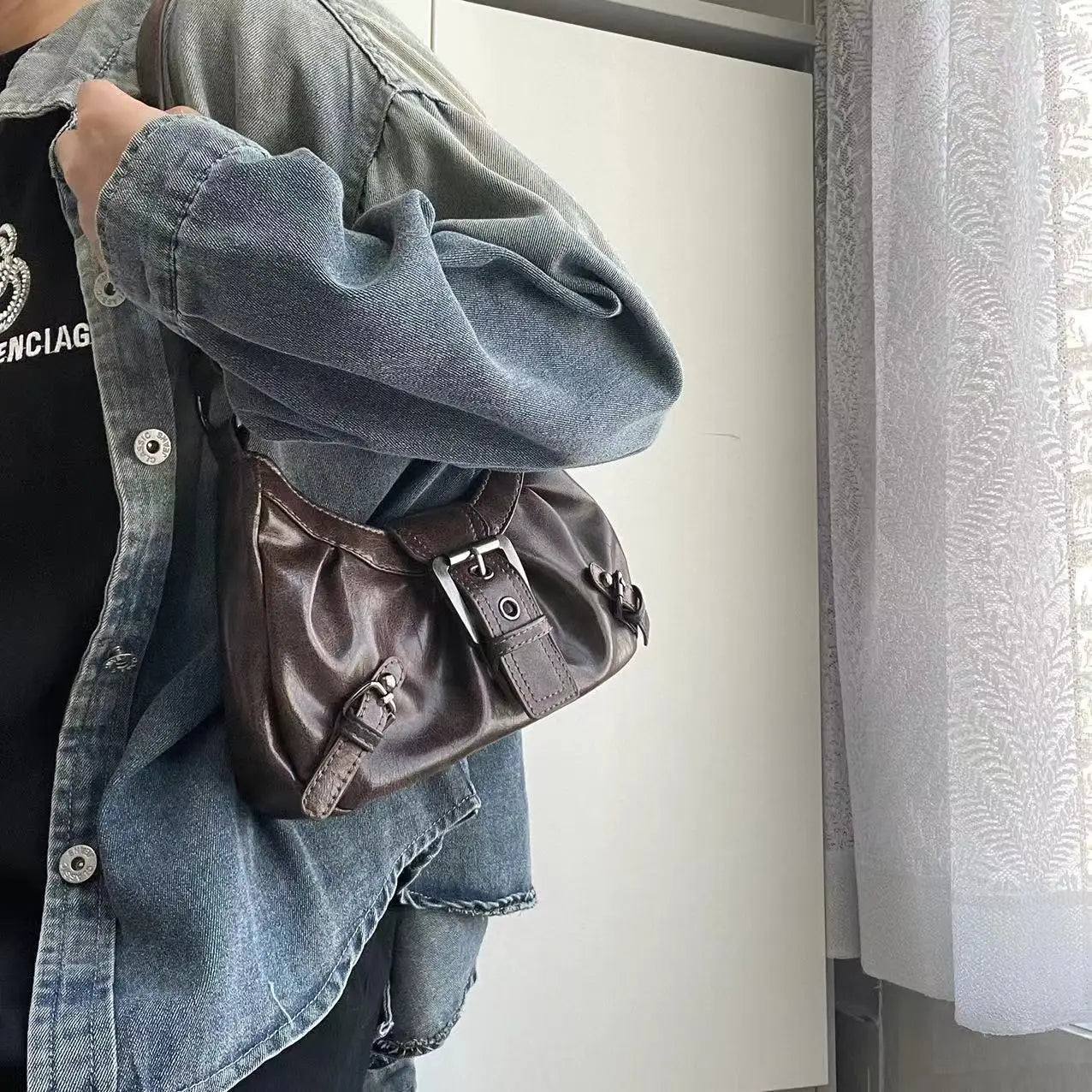 Vintage Leather Shoulder Mini Bag Y2K Wasteland Style - Smarsty