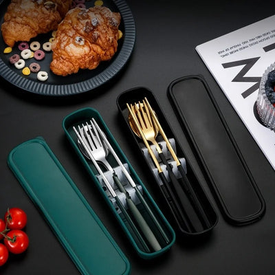 Korean-Style Stainless Steel Utensil Set - Portable Spoon, Fork, Chopsticks with Gift Case, 3-Piece Travel Kit for School, Offic