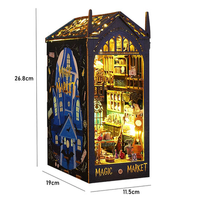 DIY Book Nook Shelf Insert Kit 3D Wooden Puzzle Doll House Assembly Building Model Bookends With Furniture LED Light Xmas Gifts by Smarsty