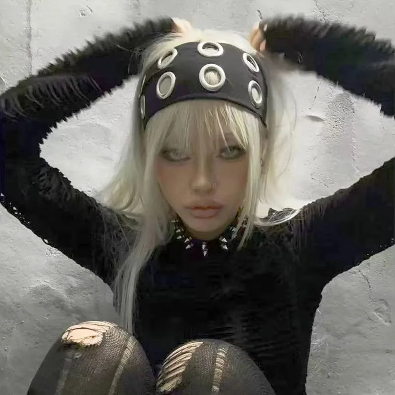 Punk Grunge Wide Elastic Headband Stretchy Metal Look - Smarsty