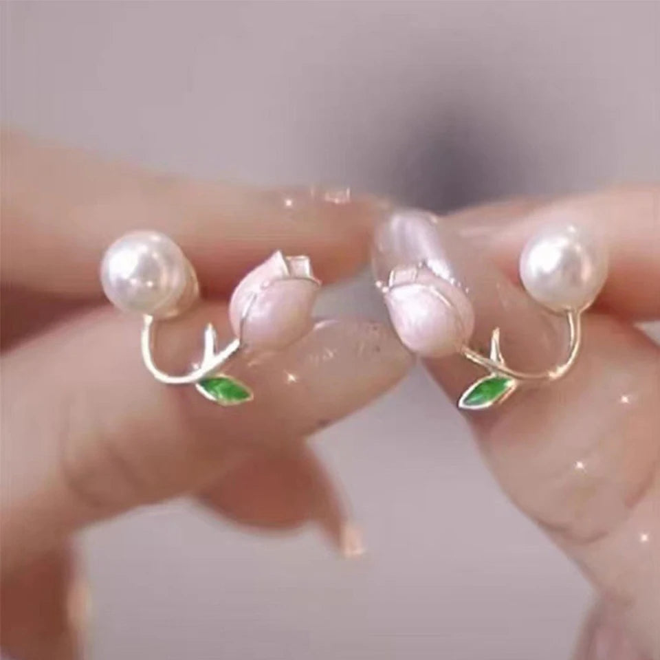Elegant Rose Stud Earrings With Imitation Pearl Pink Tulip - Smarsty