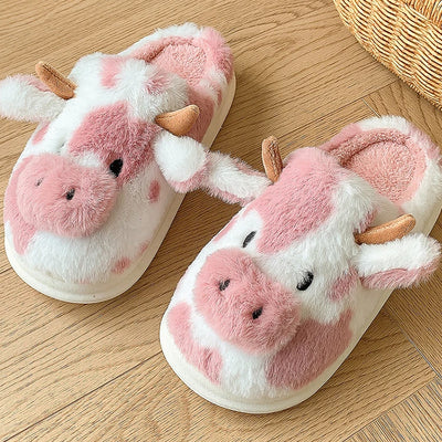 Casual Fluffy Slippers Women House Cute Cartoon Cow Designer Shoes Girl Flat Fashion Elegant Plush Winter Platform Footwear Home - Smarsty