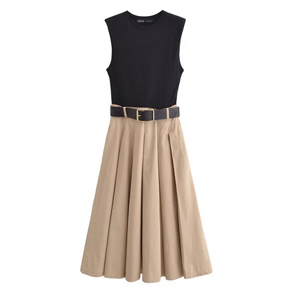 MUJER 2025 Woman Dresses Belt Pleated Midi Dress Women Sleeveless Summer Dress Woman Knitted Party Dresses for Women Sundress - Smarsty