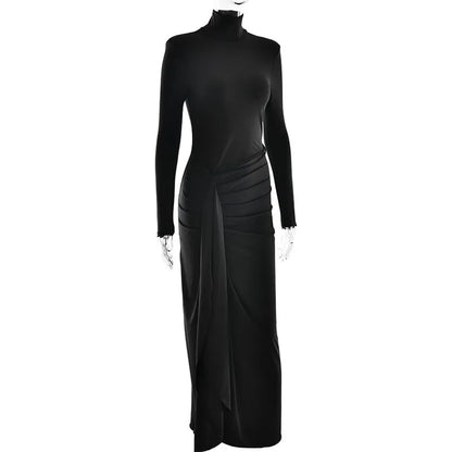Mozision Turtleneck Thigh High Split Sexy Maxi Dress For Women Fashion Long Sleeve Draped Bandage Bodycon Club Long Dress - Smarsty