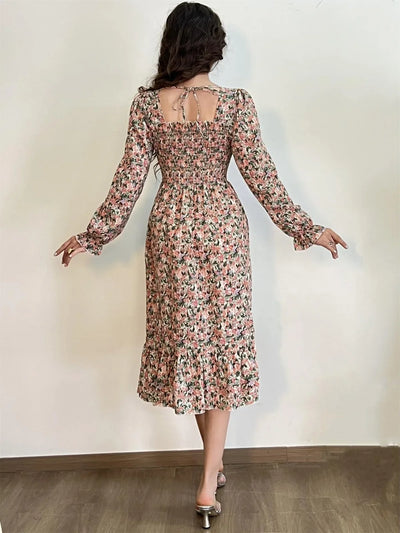 Long Sleeve Casual Dress Women Chiffon Dresses Autumn Spring A-line Printed Floral Elastic Chest Lace Up Midi Dresses Vestidos - Smarsty