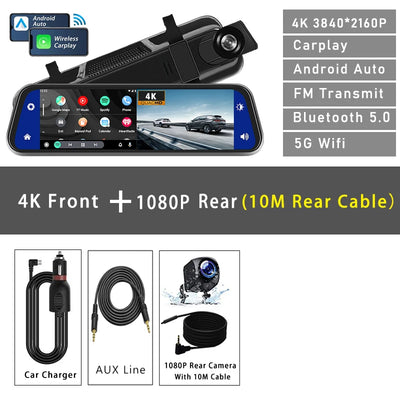 4K Dash Cam With Rearview Mirror Display and GPS WiFi - Smarsty