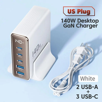 GaN USB Charger 140W 5in1 Desktop with LED Display Ports - Smarsty