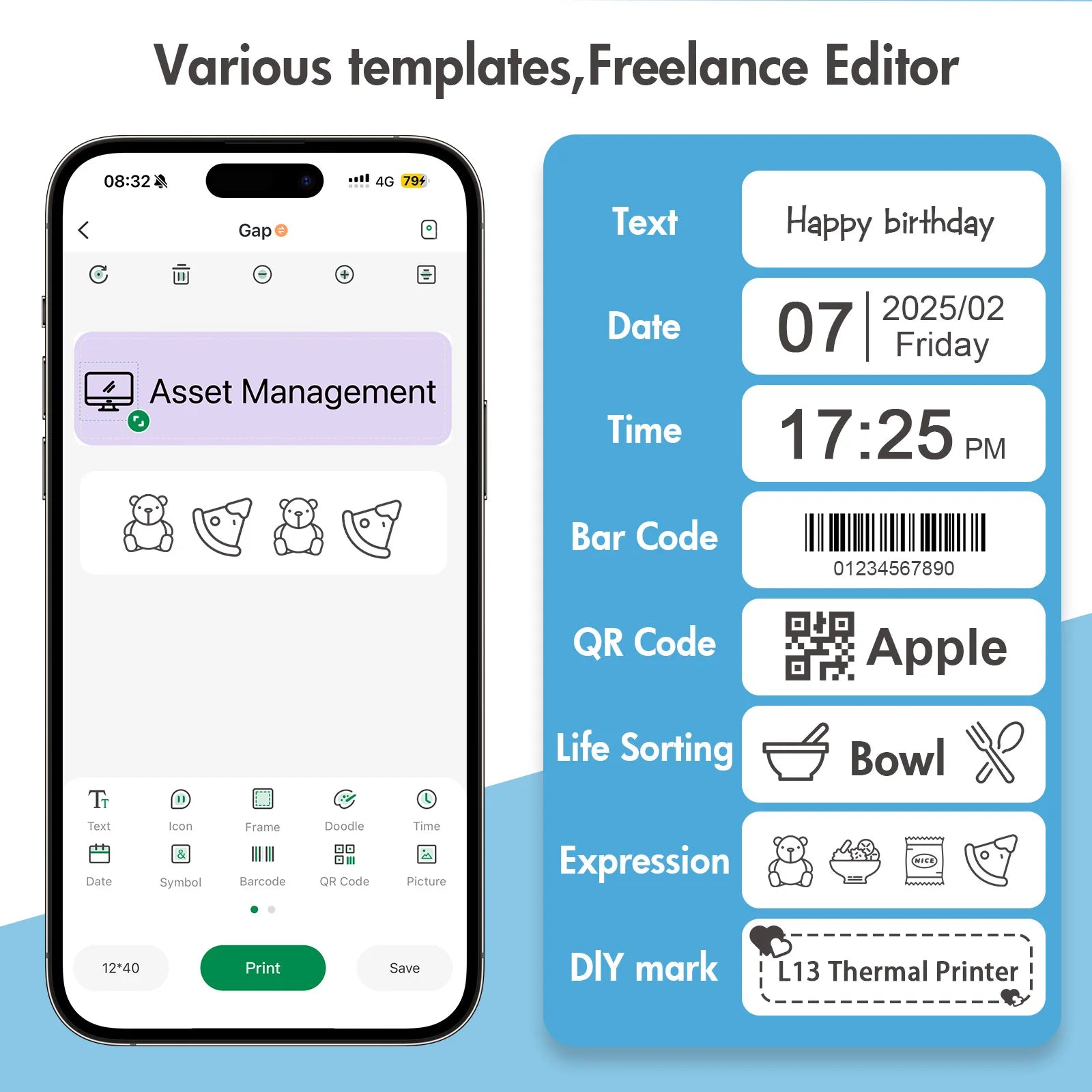 Mini Portable Wireless Inkless Thermal Printer Bluetooth Pocket Label Maker Home Study with 1roll Stickable Label Paper