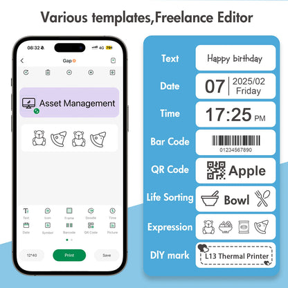 Mini Portable Wireless Inkless Thermal Printer Bluetooth Pocket Label Maker Home Study with 1roll Stickable Label Paper