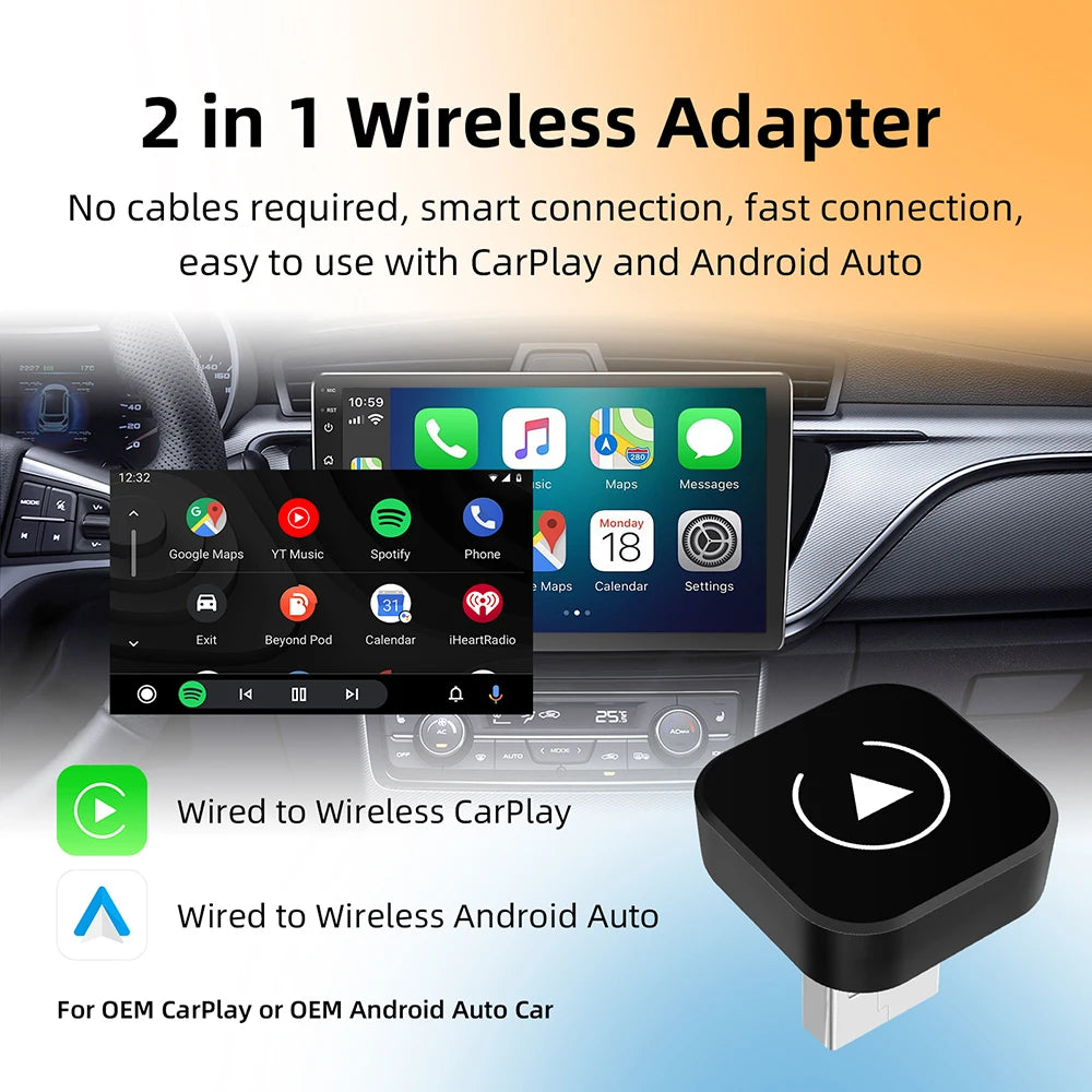 2in1 Wireless CarPlay Dongle Wireless Android Auto Adapter AI Smart Box Car Intelligent Systems For Car With Wired CarPlay - Smarsty