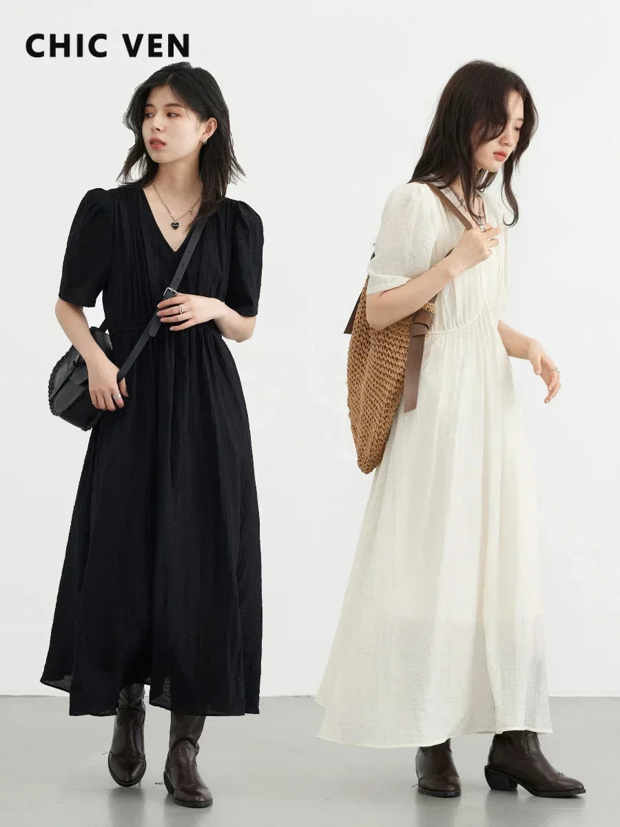 CHIC VEN Women Dresses French Style Vintage V-neck Puff Sleeve Long Dress Solid Black Loose Female Clothing Summer New 2023 - Smarsty