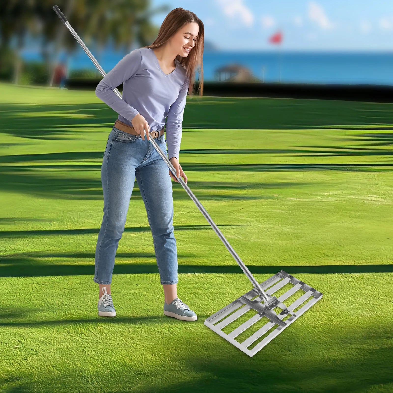 Professional Lawn Leveling Rake Soil Lawn Rake Adjustable 50-180cm Handle 180° Rotation for Perfect Turf & Green Grass