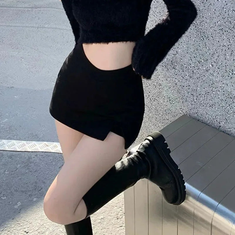 Black Split Mini Skirts Women Summer Sexy Club High Waist Slit Skirt Streetwear Korean Party Fashion Irregular Slim A Line Skirt - Smarsty